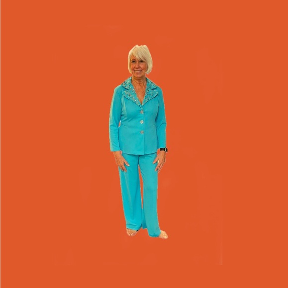 L-XL Vintage Turquoise Pant Suit Embroidered Jacket Elastic Waist Bell Bottom - Picture 1 of 6